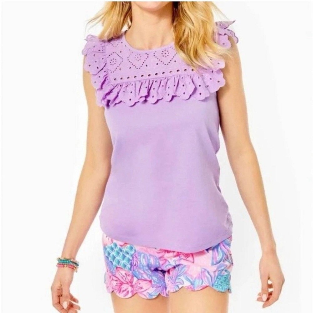 Lilly Pulitzer Bev Womens Purple Eyelet Lace Ruffle Sleeveless Knit Top‎ Size M
